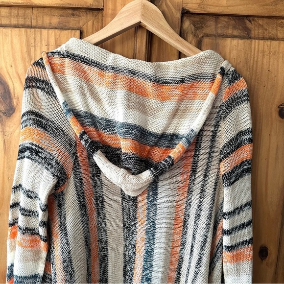 Poof Striped Knit Fringe Cardigan Sweater with Hoodie Cream Black Orange - Large - Picture 3 of 11